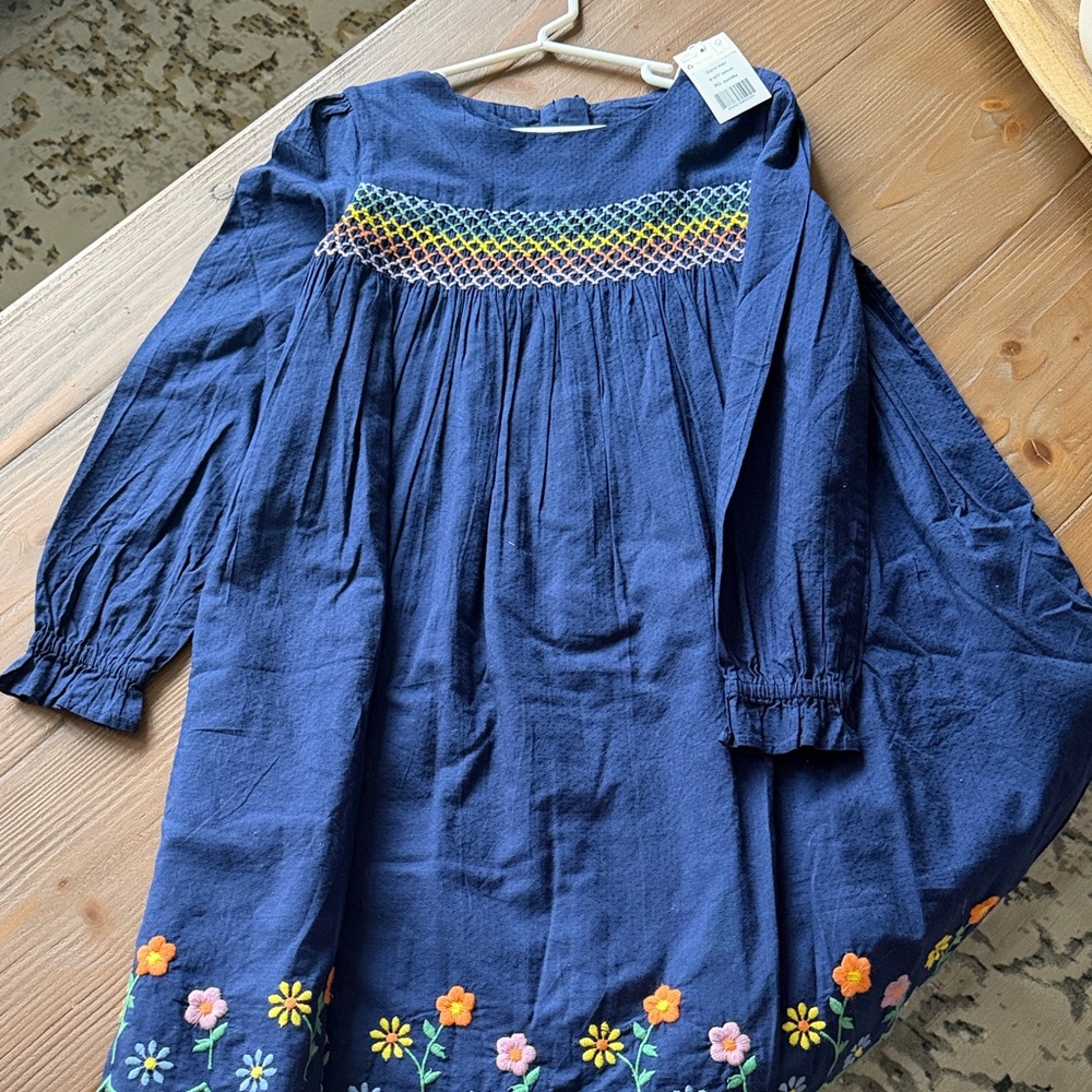 Boden Girls Navy Floral-Embroidered Long Sleeve Dress